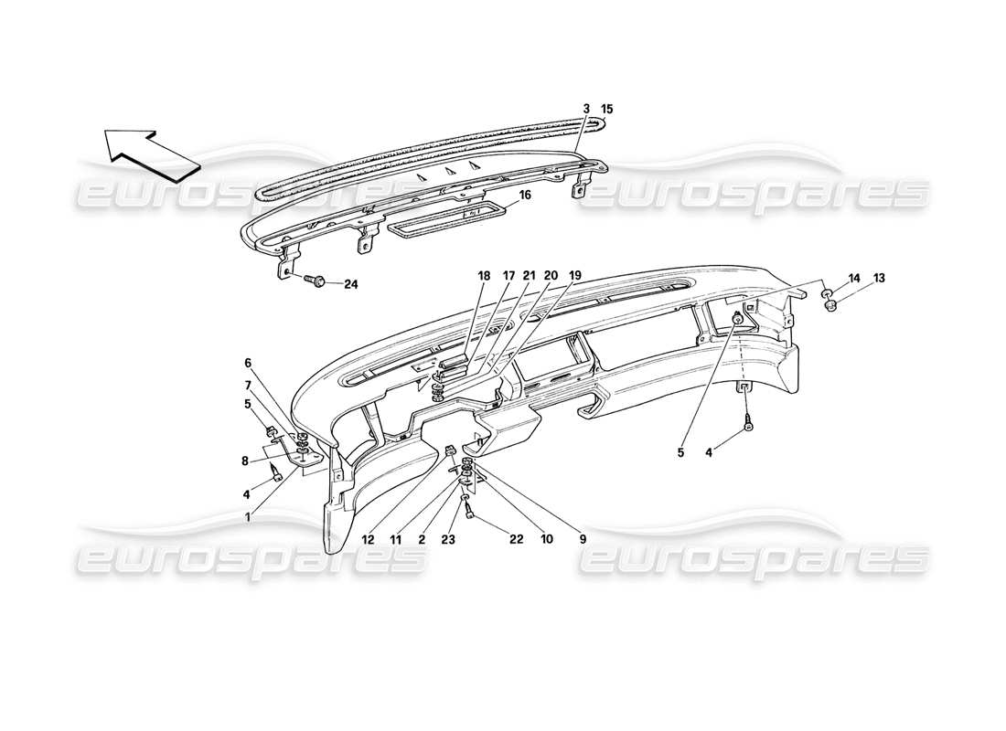 ferrari 348 (1993) tb / ts tableau de bord - diagramme des pièces de structure et de supports