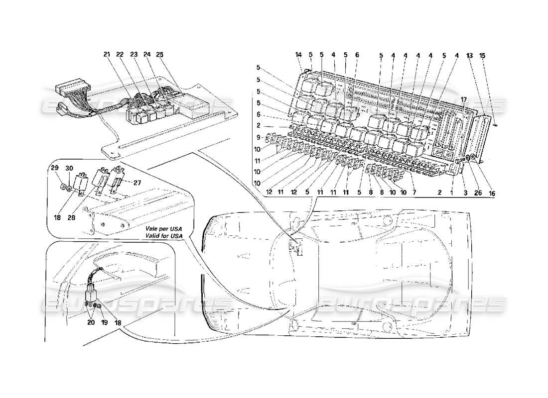 ferrari f40 tableau électrique - fusibles - schéma des pièces des relais