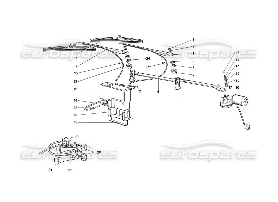 ferrari 288 gto essuie-glace - schéma des pièces du rondelle et du klaxon