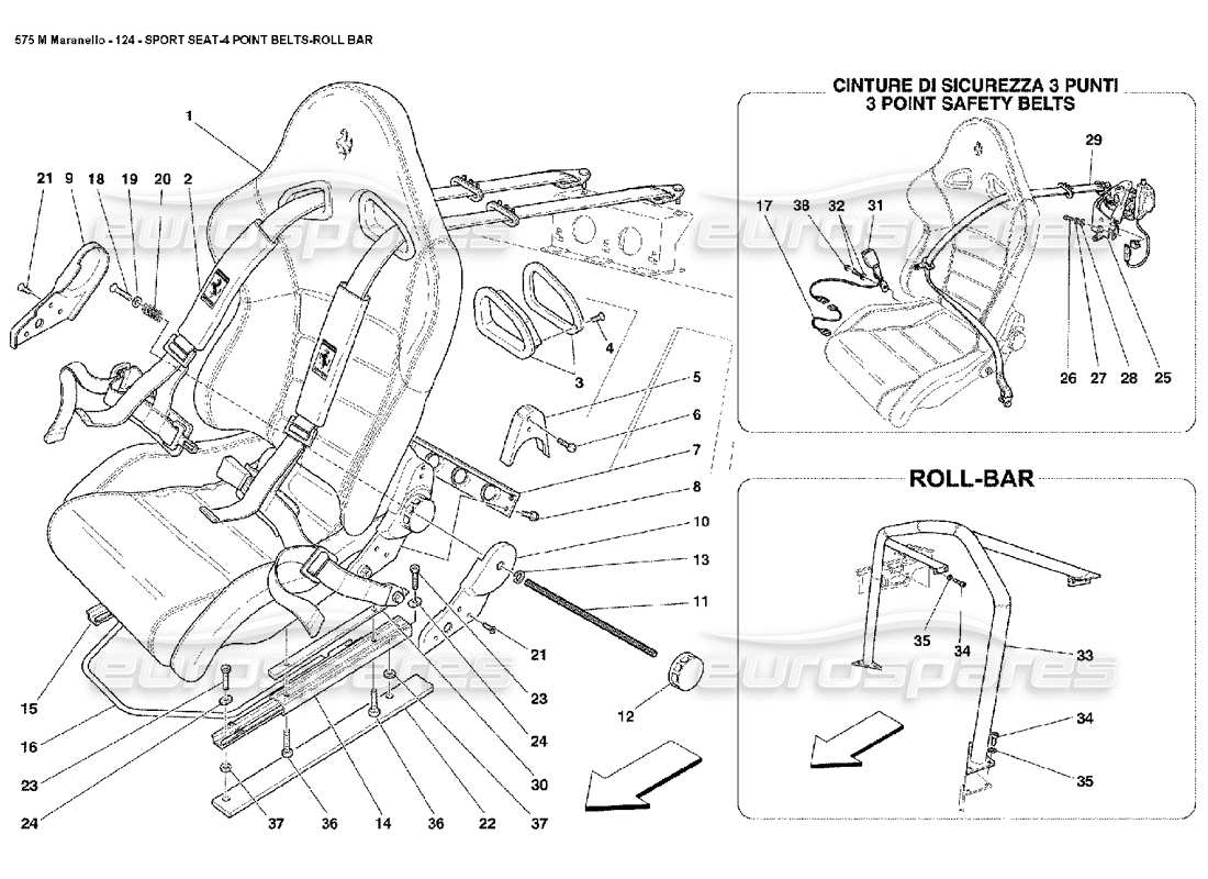 ferrari 575m maranello siège sport 4 ceintures à points schéma des pièces de l'arceau de sécurité