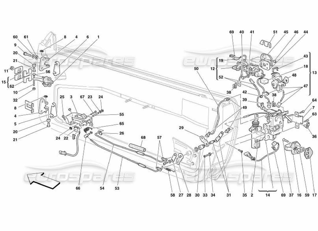 ferrari 575 superamerica portes - schéma des pièces du contrôle d'ouverture et des charnières