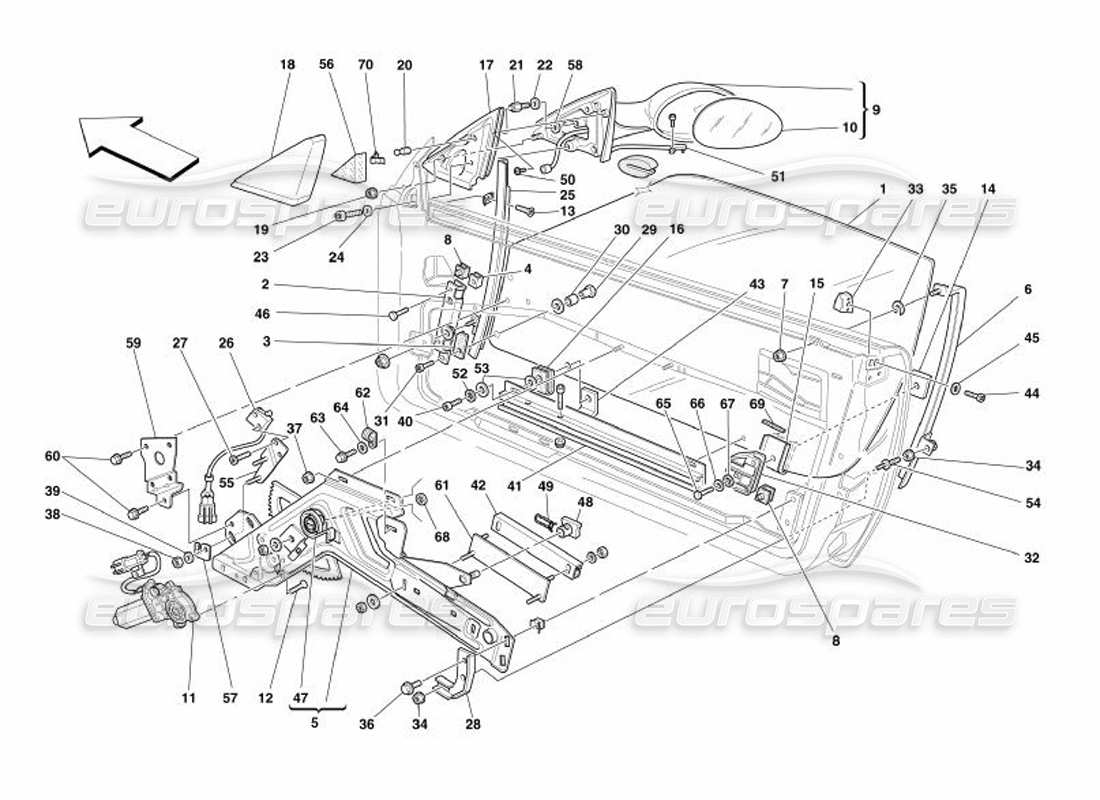 ferrari 575 superamerica portes - schéma des pièces des vitres électriques et des rétroviseurs