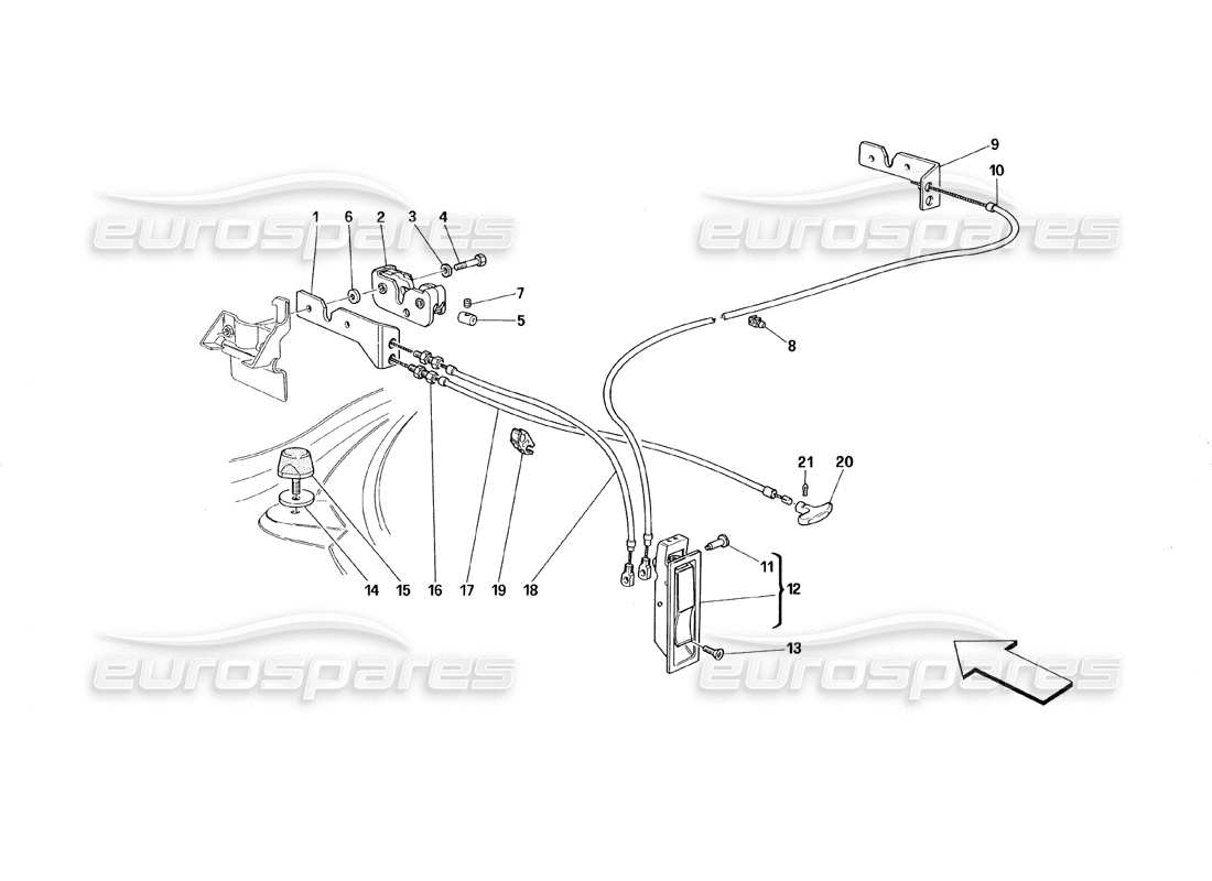 ferrari 348 (1993) tb / ts schéma des pièces du dispositif d'ouverture du capot avant