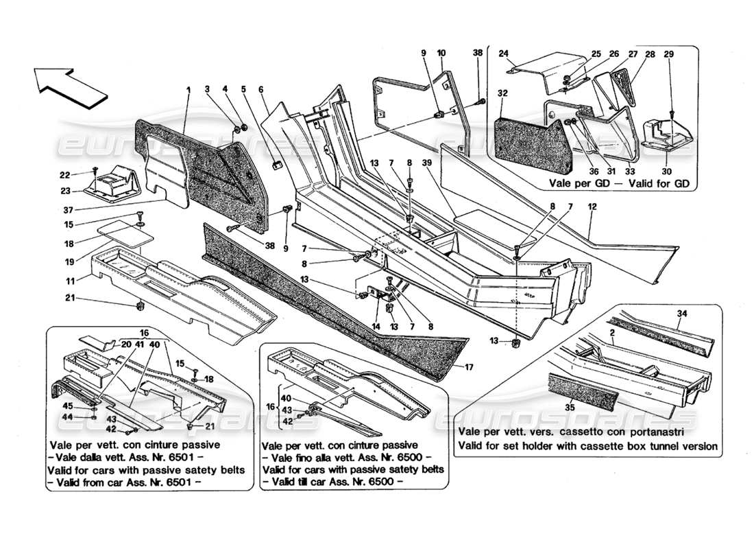 ferrari 348 (1993) tb / ts tunnel – diagramme des pièces du cadre et des garnitures