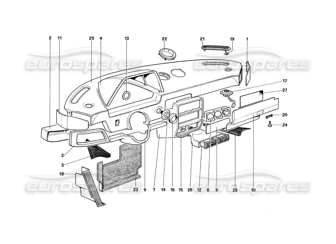 ferrari 328 (1988) tableau de bord (à partir de la voiture n° 71597) schéma des pièces