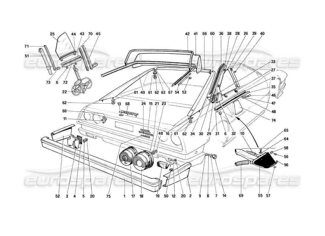 ferrari mondial 3.0 qv (1984) pare-chocs, feux et lunettes arrière schéma des pièces