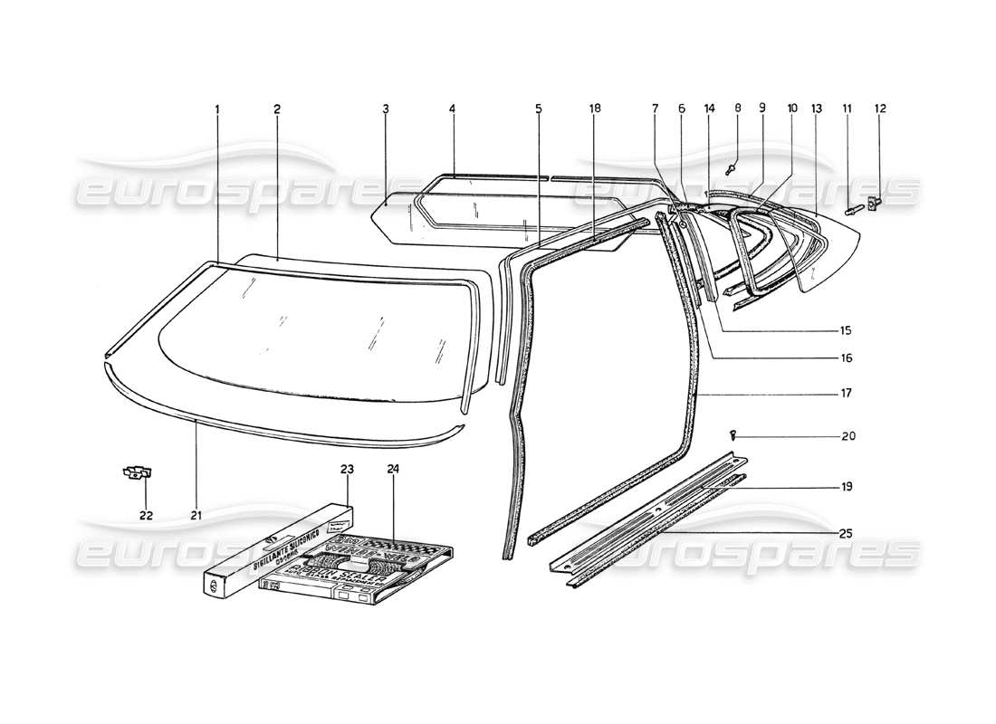 ferrari 208 gt4 dino (1975) diagramme des pièces de lunettes