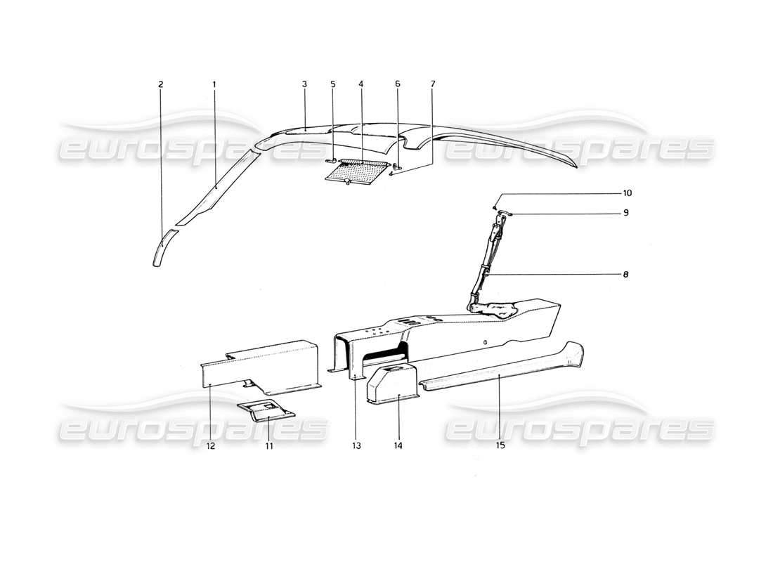 ferrari 365 gt4 berlinetta boxer diagramme des parties du tunnel et du toit