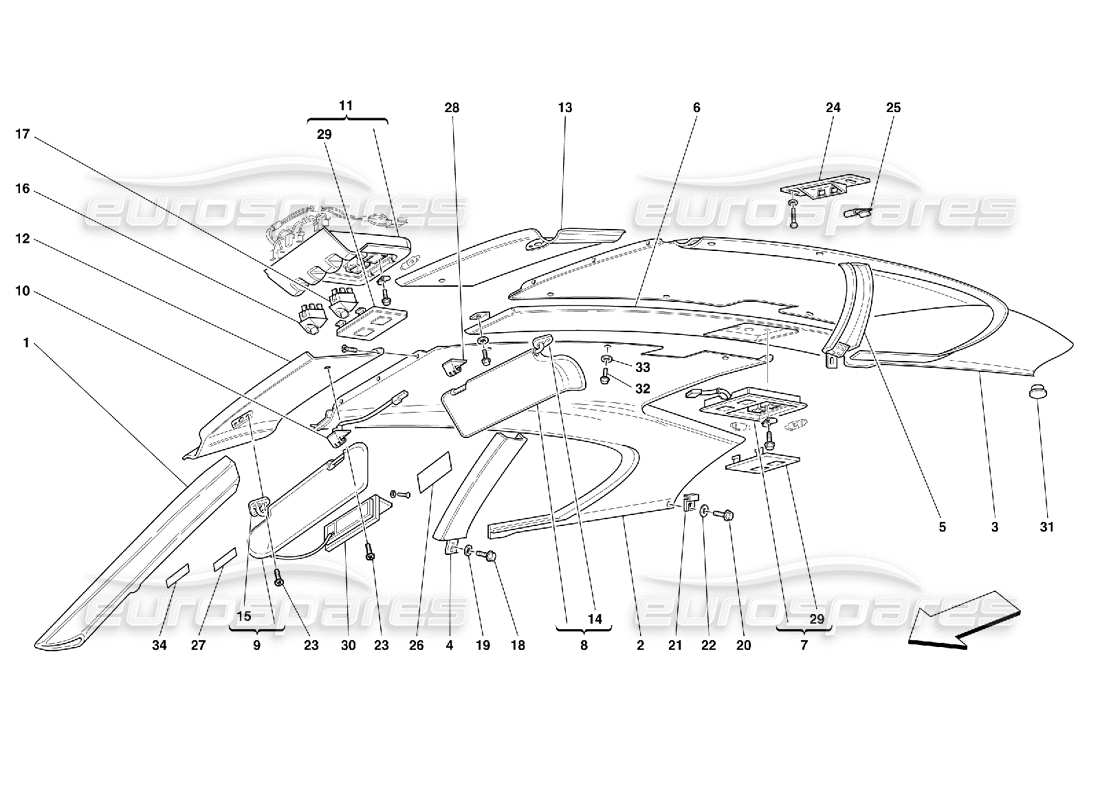 ferrari 456 gt/gta rembourrage et accessoires des panneaux de toit schéma des pièces