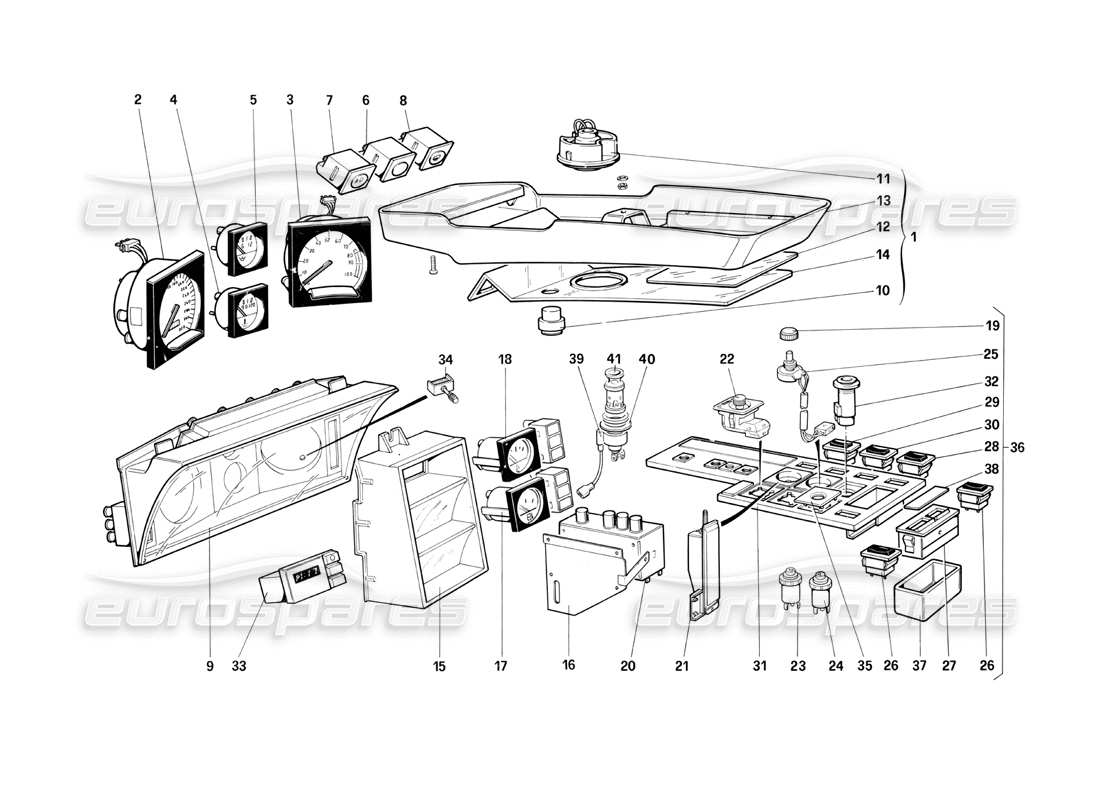 ferrari testarossa (1990) instruments et accessoires de l'habitacle (pour la version américaine) schéma des pièces