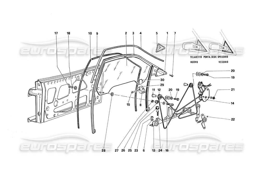 ferrari testarossa (1990) porte - schéma des pièces de vitre électrique