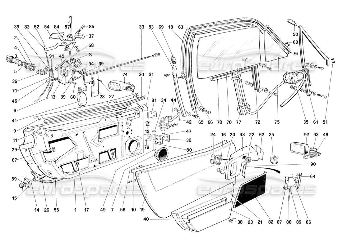 ferrari 328 (1988) schéma des pièces des portes (jusqu'au numéro de voiture 71595)