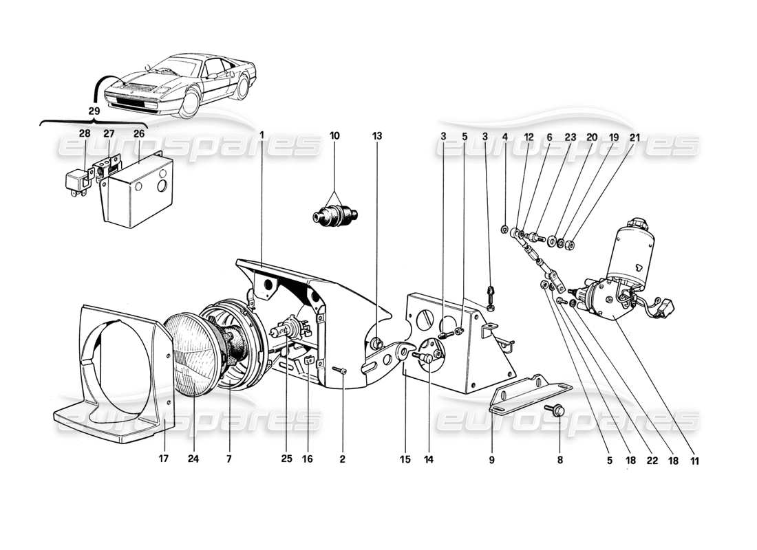 ferrari 328 (1988) dispositif de levage des lumières et phares schéma des pièces