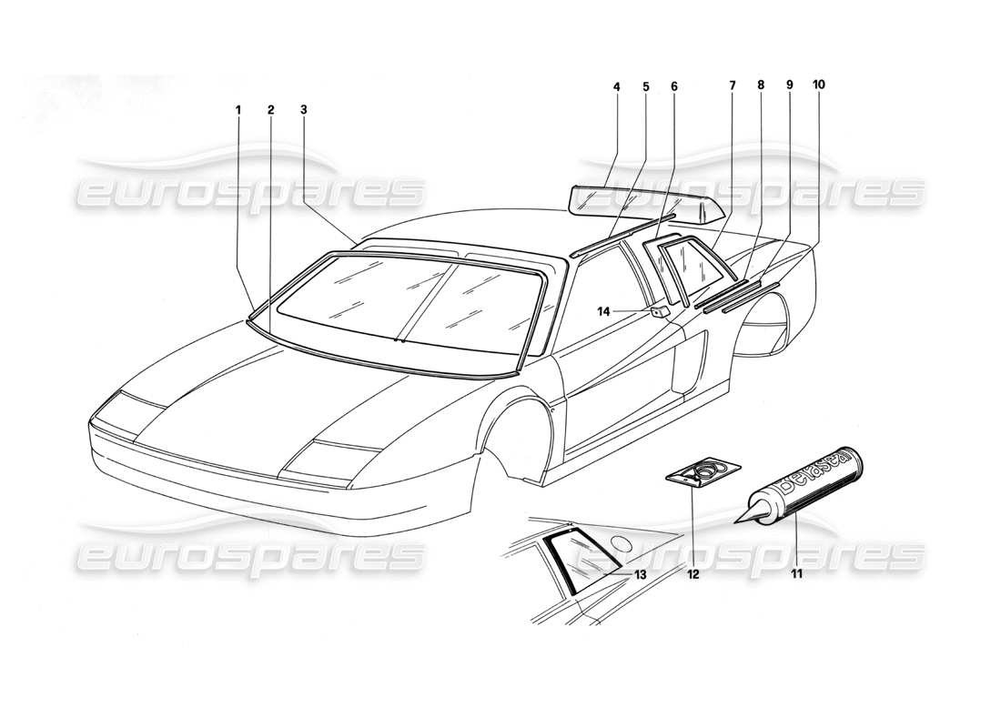 ferrari testarossa (1990) verre et fenêtres schéma des pièces