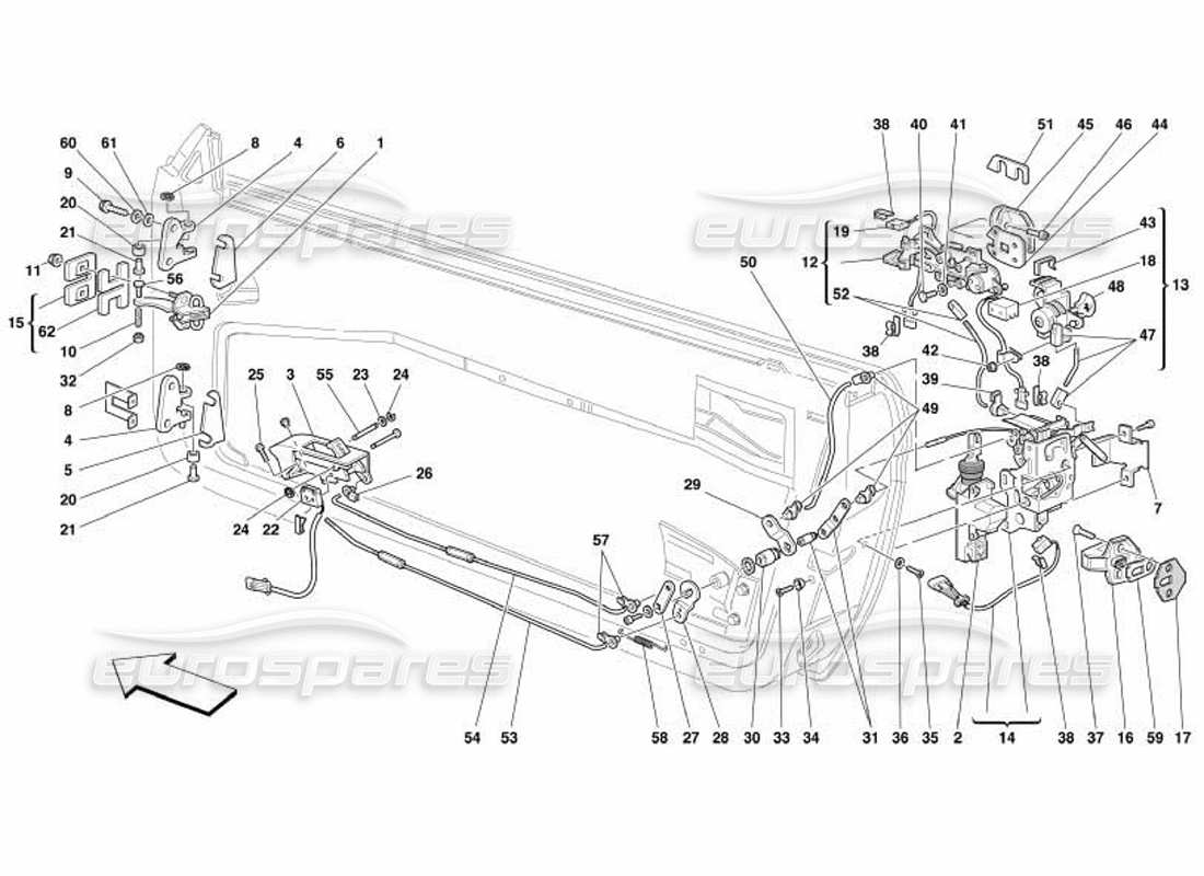 ferrari 550 barchetta portes - schéma des pièces du contrôle d'ouverture et des charnières