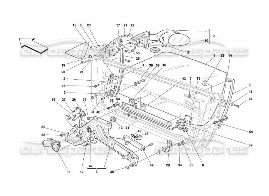 ferrari 550 barchetta portes - schéma des pièces des vitres électriques et des rétroviseurs