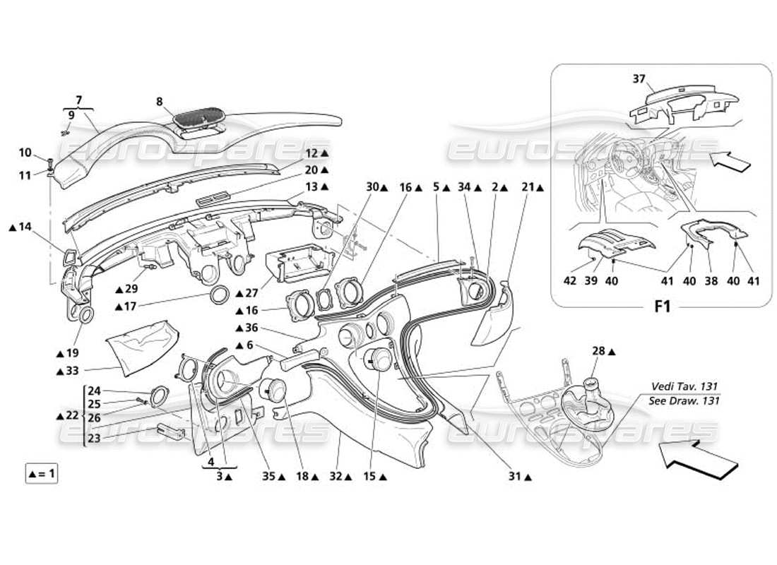 maserati 4200 spyder (2005) tableau de bord - pas pour gd - diagramme des pièces