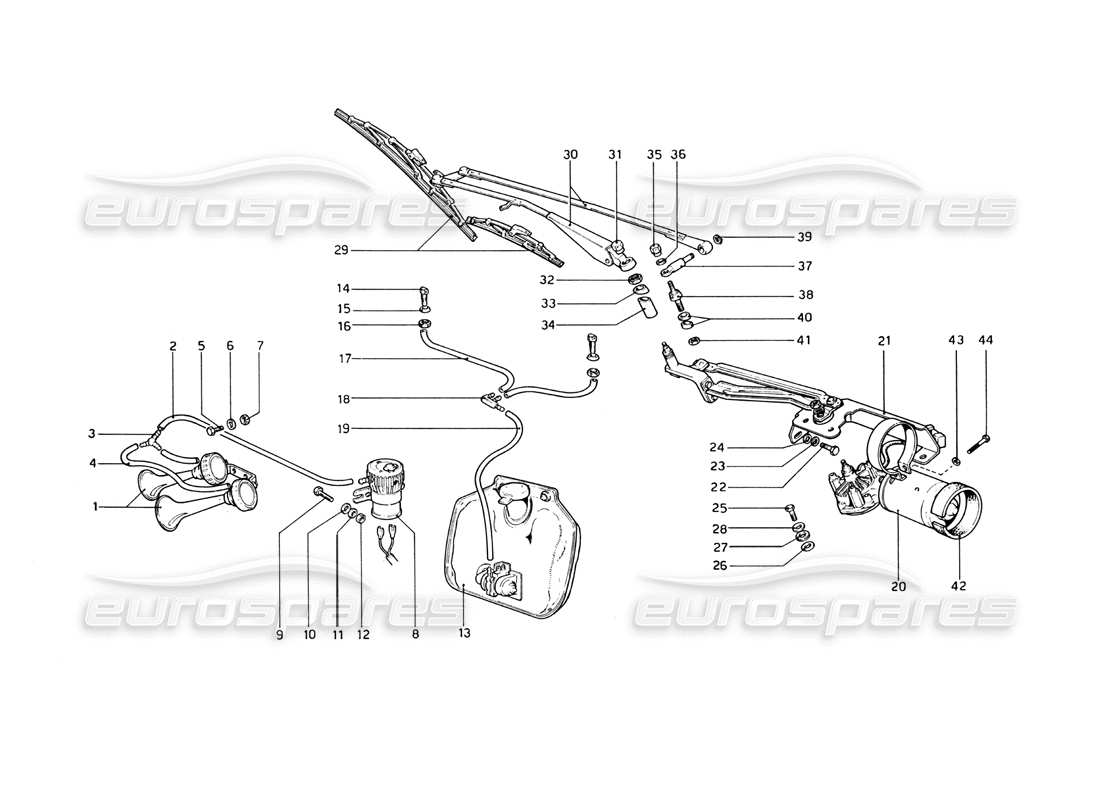 ferrari 365 gt4 berlinetta boxer schéma des pièces d'essuie-glace, de rondelle et de klaxons