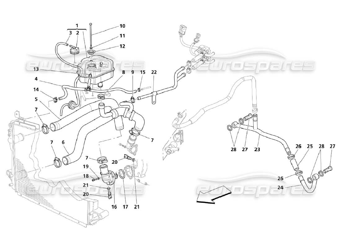 maserati qtp. (2006) 4.2 système de refroidissement : schéma des pièces du système de refroidissement et de la tuyauterie