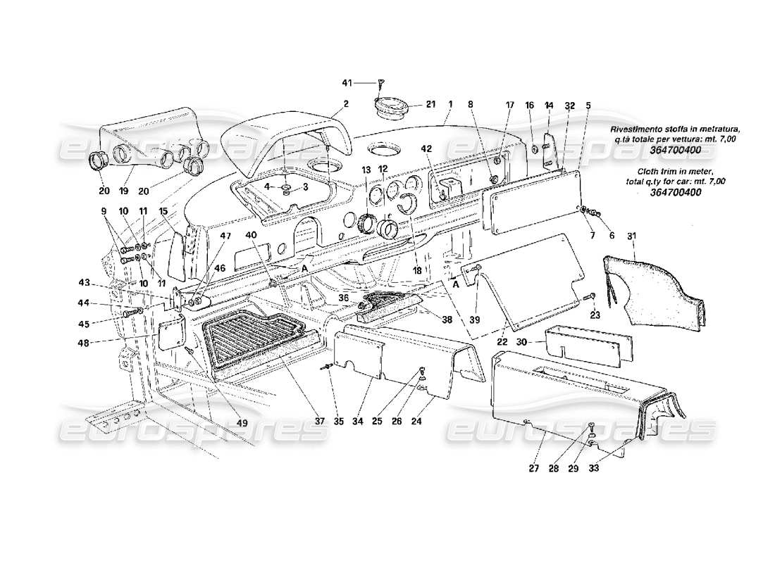ferrari f40 diagramme des pièces du tableau de bord et du tunnel