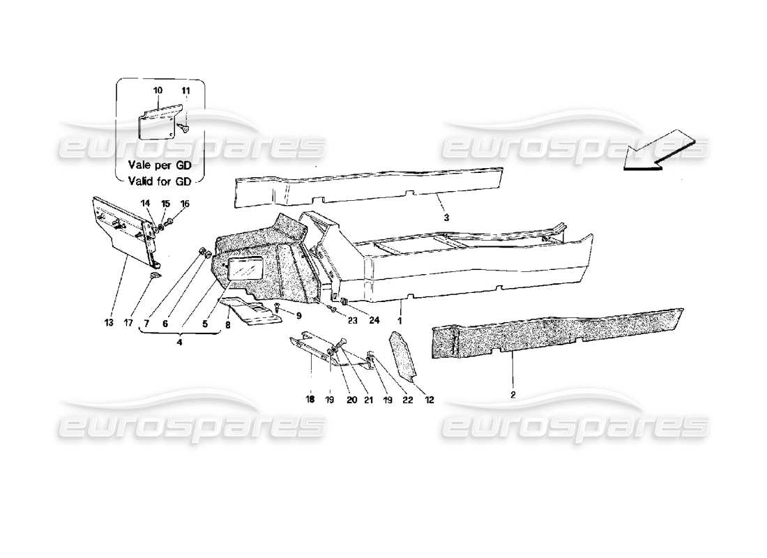 ferrari mondial 3.4 t coupe/cabrio tunnel - ossature et habillage - schéma des pièces cabriolet