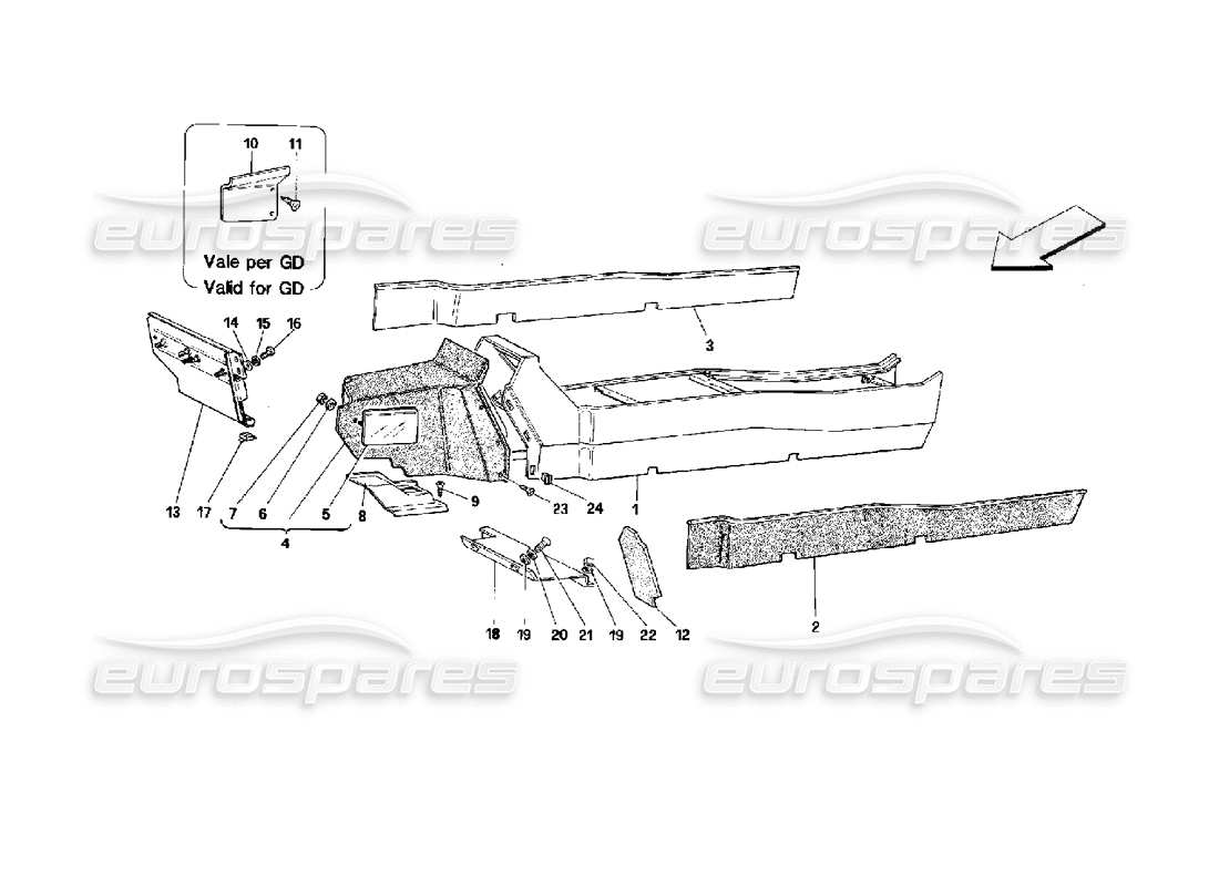 ferrari mondial 3.4 t coupe/cabrio tunnel - ossature et habillage - schéma des pièces cabriolet