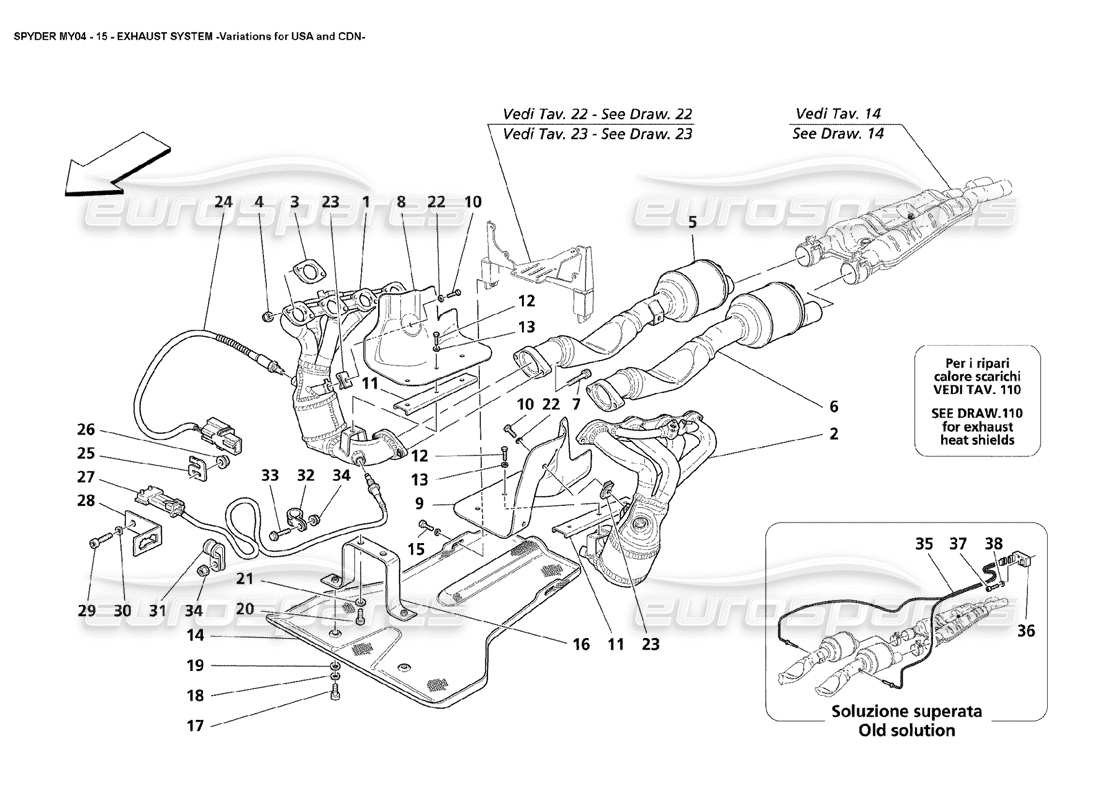 maserati 4200 spyder (2004) variations du système d'échappement pour les états-unis et le canada diagramme des pièces