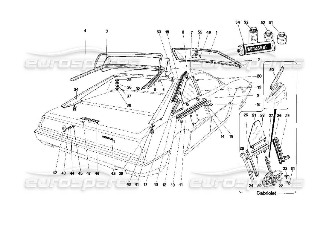 ferrari mondial 3.4 t coupe/cabrio schéma des verres et des pièces de finition externe