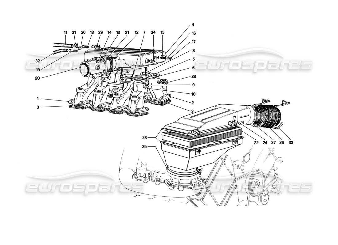 ferrari 308 quattrovalvole (1985) schéma des pièces d'admission d'air et de collecteurs