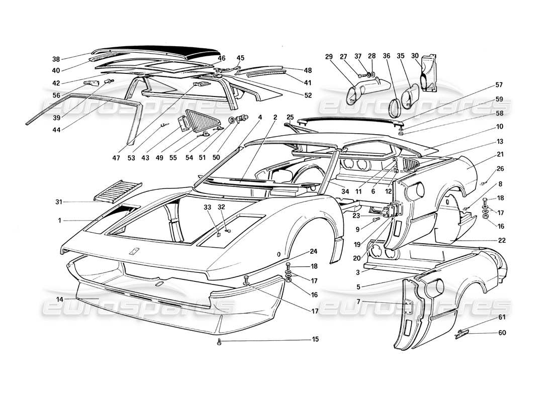 ferrari 308 quattrovalvole (1985) carrosserie - éléments extérieurs schéma des pièces