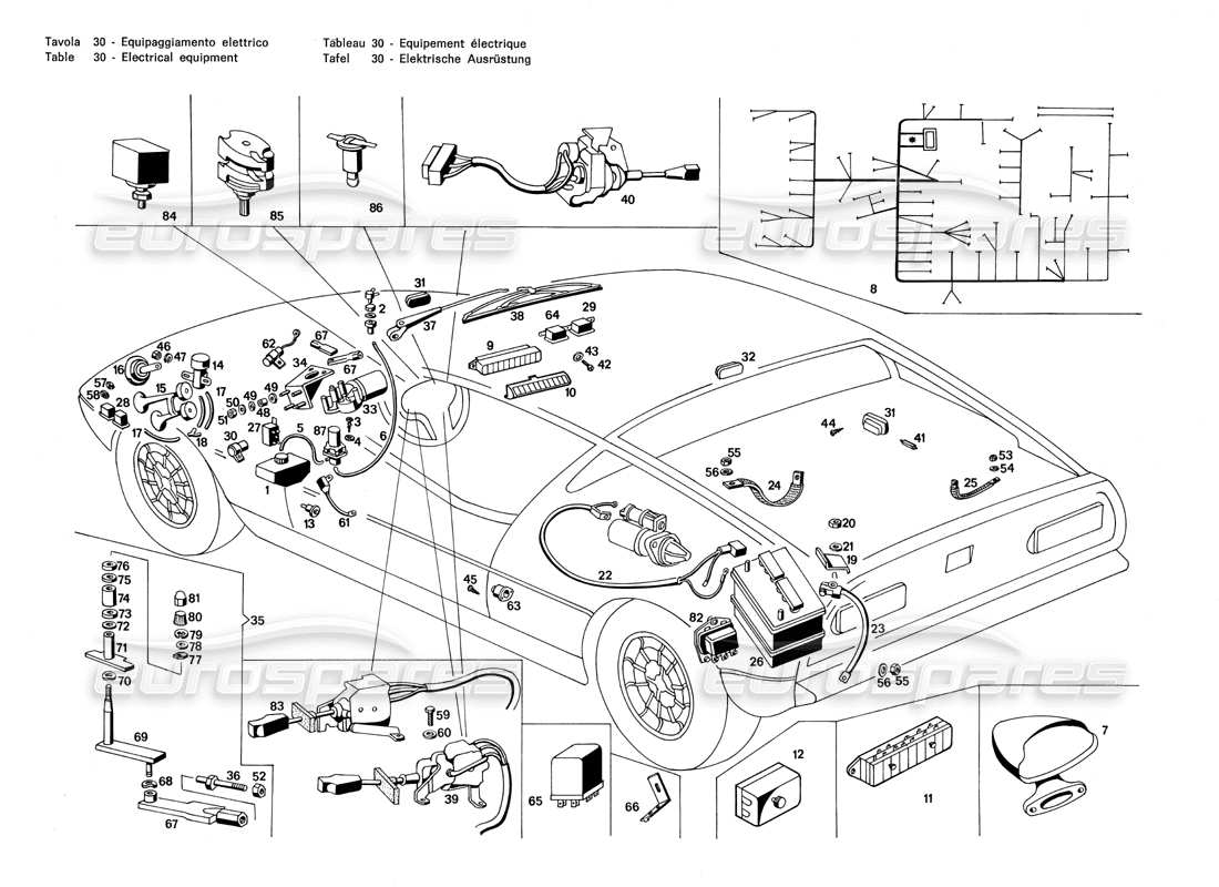 un schéma de pièces du catalogue de pièces Maserati Merak 3.0