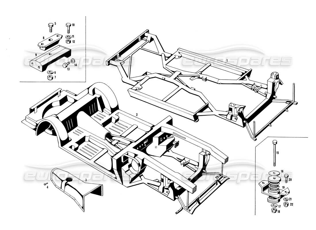 un schéma de pièces du catalogue de pièces maserati ghibli (1967-1973)