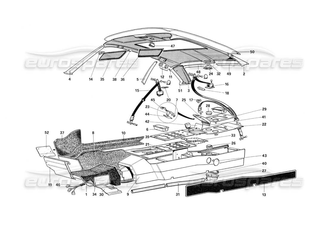 ferrari mondial 3.0 qv (1984) toit, tunnel et ceintures de sécurité schéma des pièces