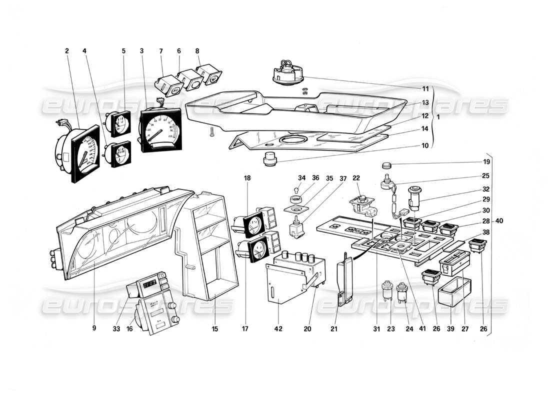ferrari testarossa (1987) instruments et accessoires d'habitacle (pas pour la version américaine my 1987) schéma des pièces
