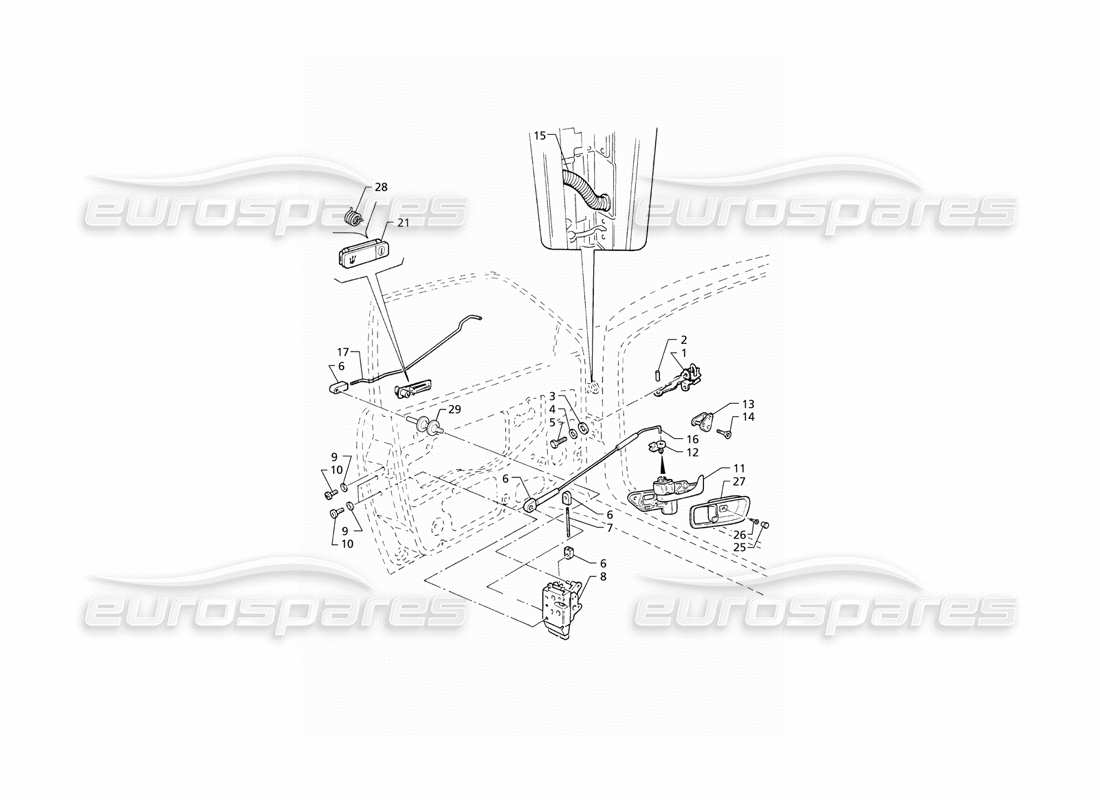 maserati qtp v6 (1996) portes d'entrée : diagramme de pièces des charnières et des commandes intérieures