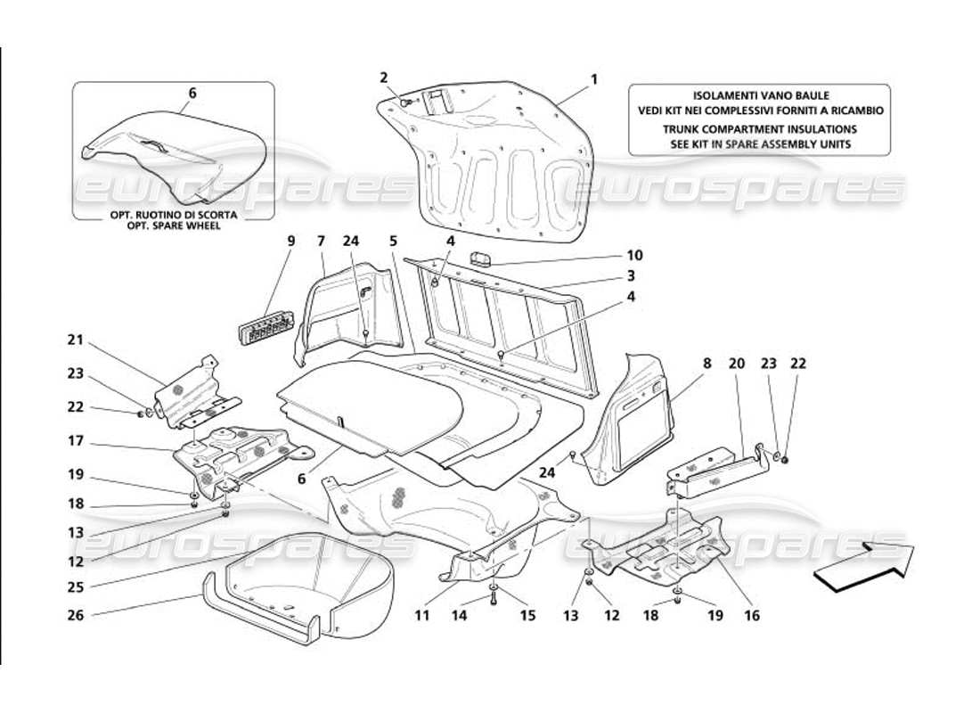 maserati 4200 gransport (2005) garnitures de compartiment de capot de coffre - schéma des pièces d'entrée d'air et de boucliers thermiques