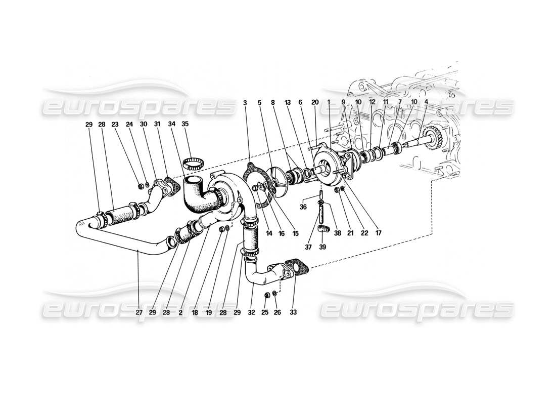 ferrari 512 bbi schéma des pièces de la pompe à eau et des tuyauteries