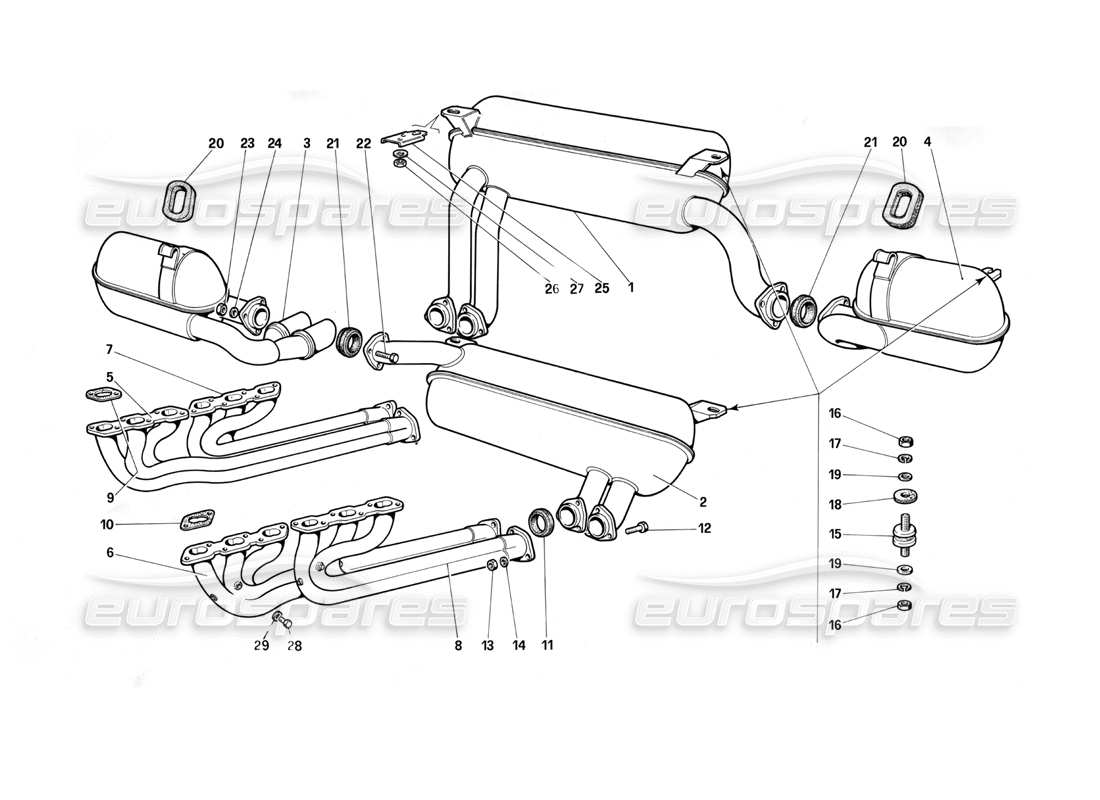 ferrari testarossa (1990) système d'échappement (pour les versions b1 à gd1) schéma des pièces
