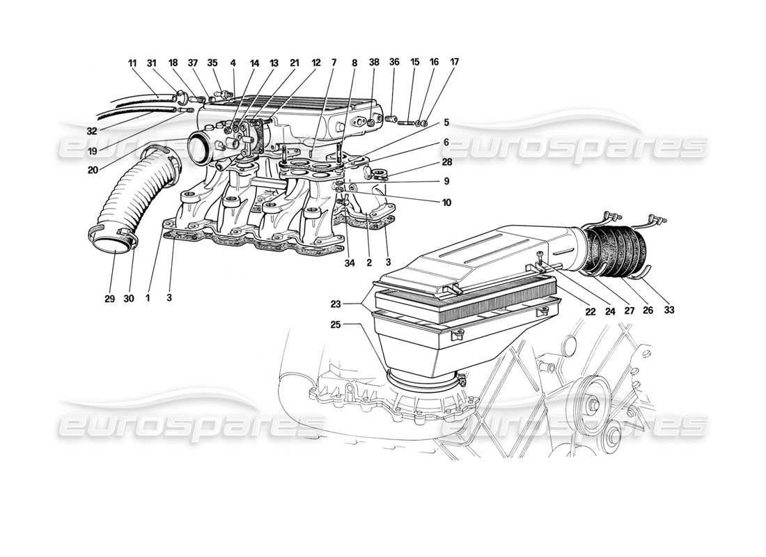 ferrari mondial 3.2 qv (1987) admission d'air et collecteurs schéma des pièces