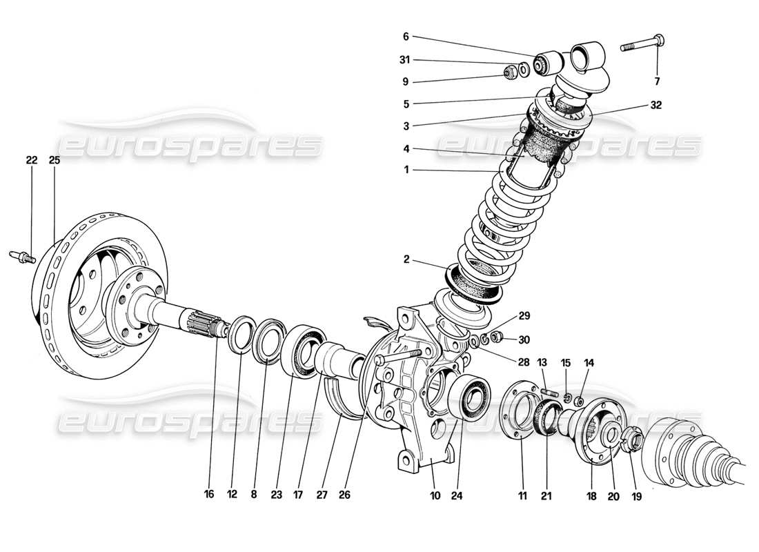 ferrari 328 (1988) suspension arrière - amortisseur et disque de frein (jusqu'au numéro de voiture 76625) schéma des pièces