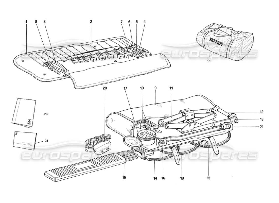 ferrari 328 (1988) trousse à outils et housse de voiture schéma des pièces