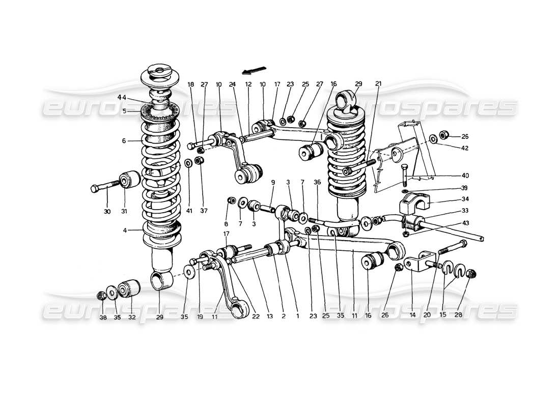 ferrari 365 gt4 berlinetta boxer suspension arrière - diagramme des pièces des triangles et amortisseurs