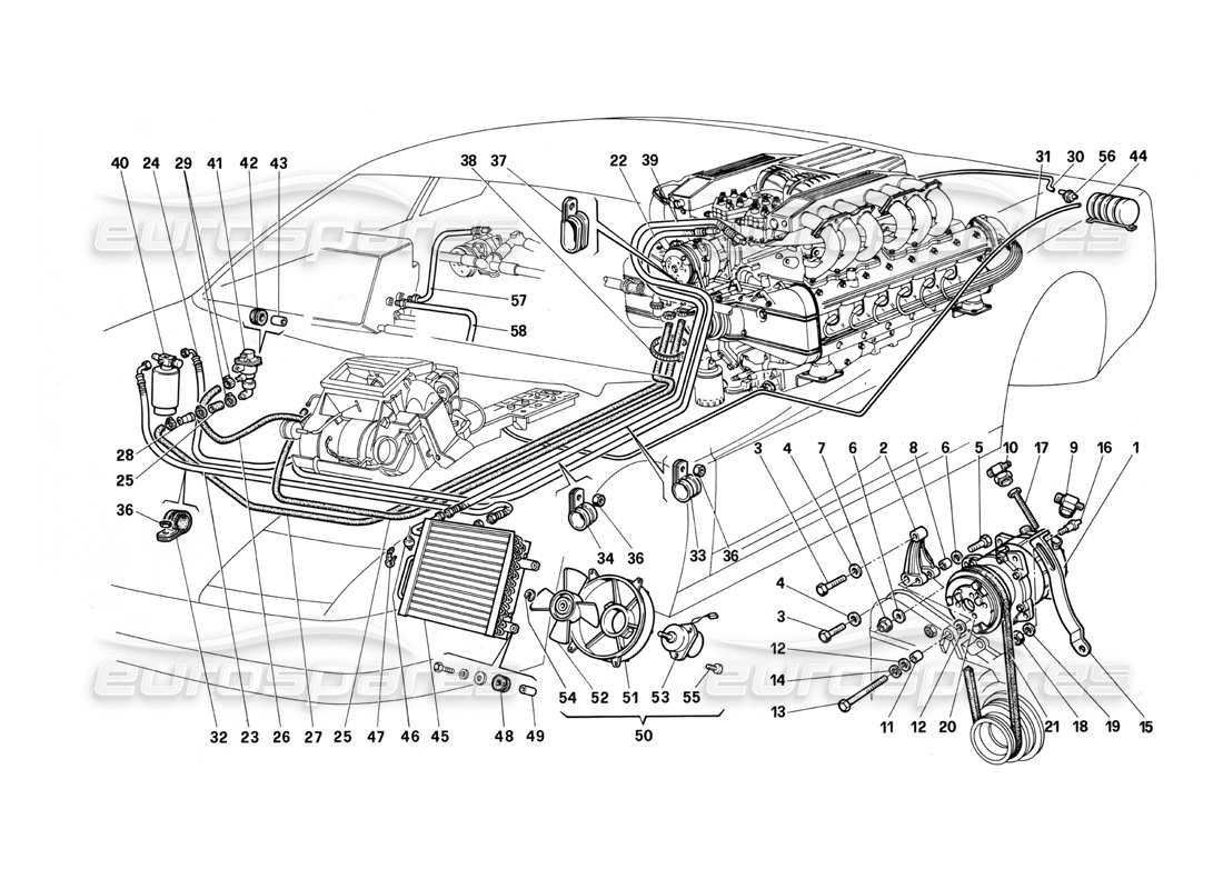 ferrari testarossa (1987) système de conditionnement d'air schéma des pièces