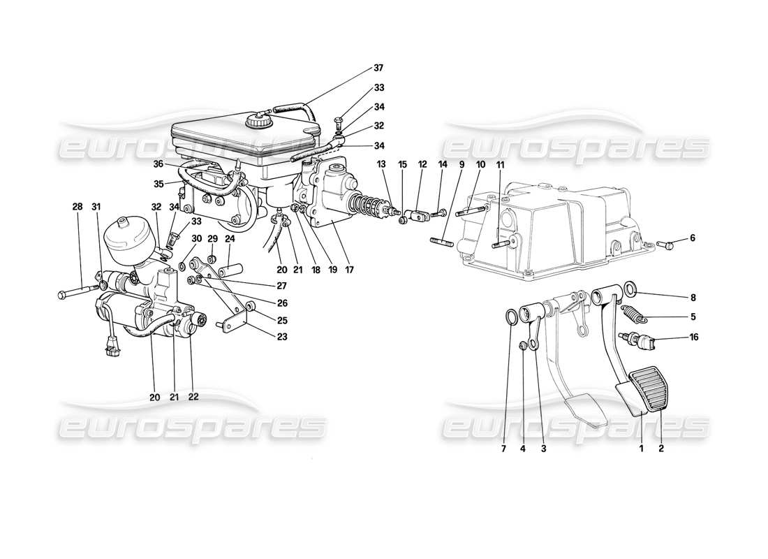 ferrari mondial 3.2 qv (1987) schéma des pièces du système hydraulique de freinage (pour voiture avec système antidérapant)