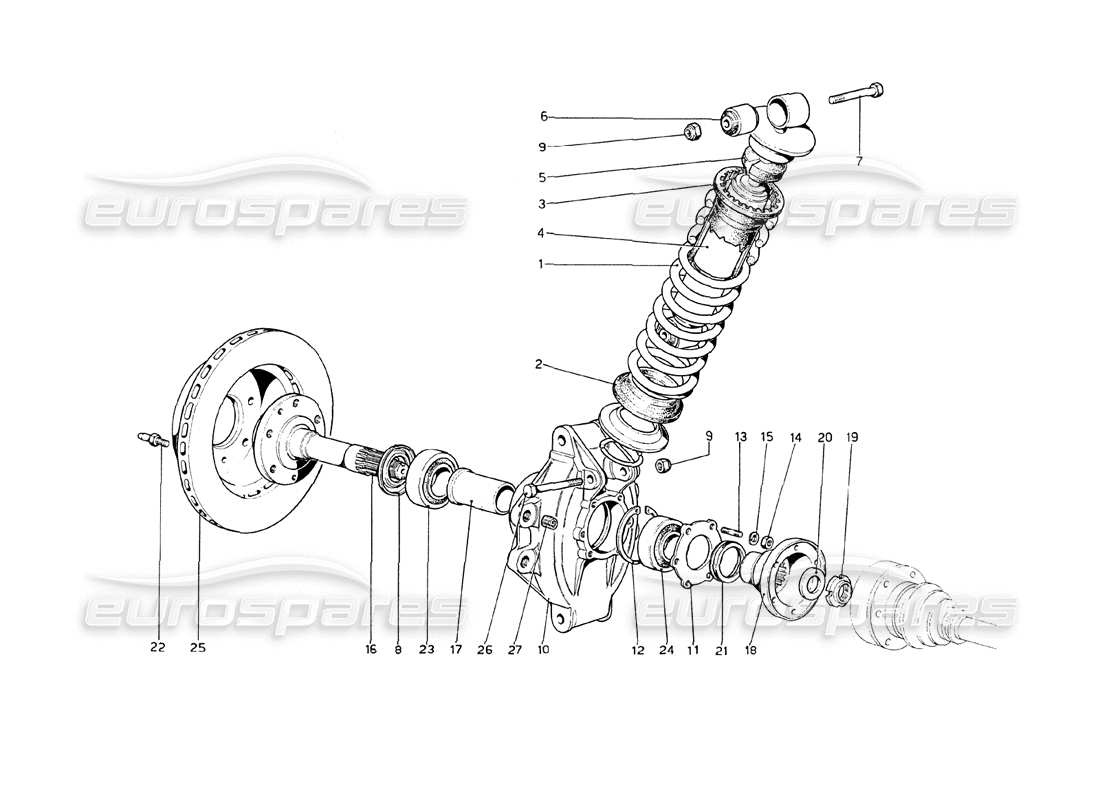 ferrari 208 gt4 dino (1975) suspension arrière - amortisseur et disque de frein schéma des pièces