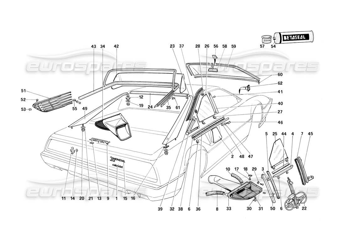 ferrari mondial 3.2 qv (1987) diagramme des pièces de lunettes