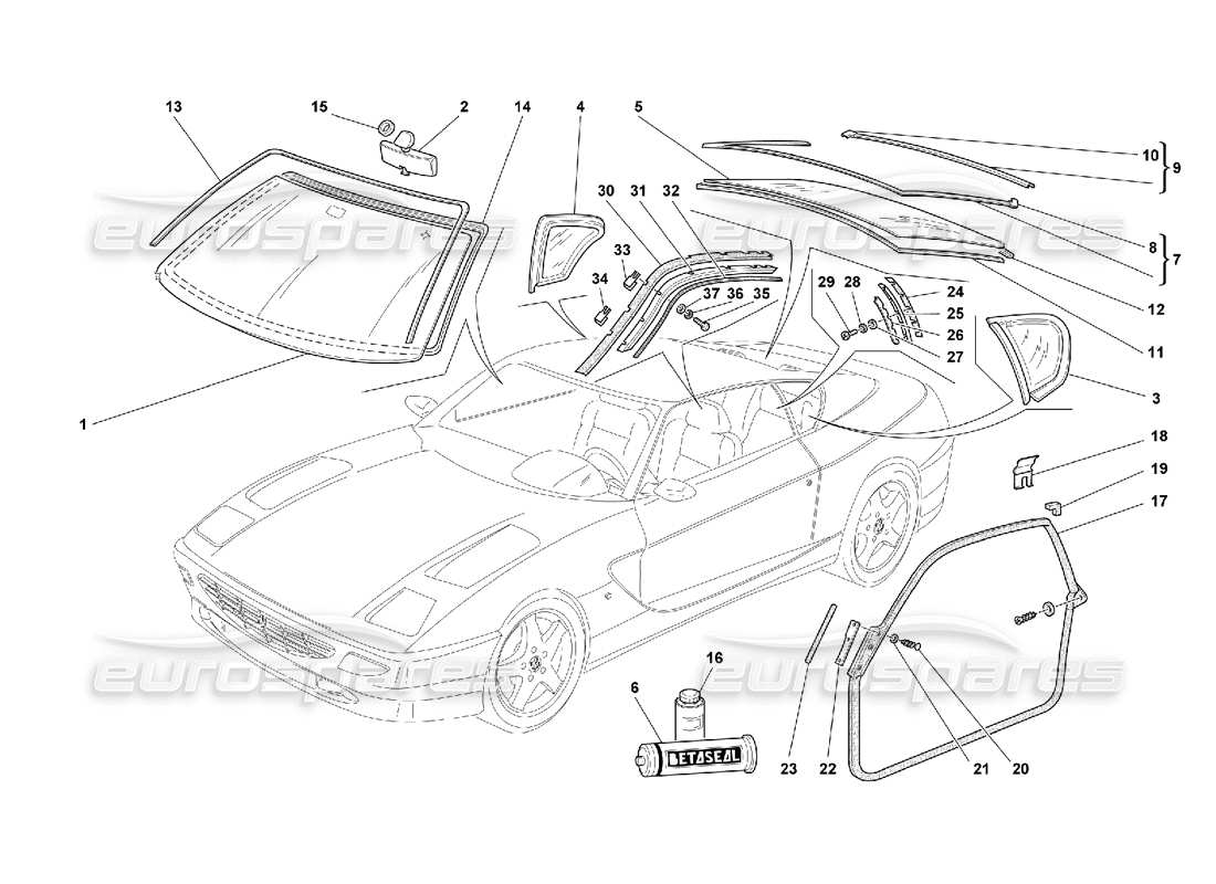 ferrari 456 gt/gta diagramme des pièces de verres et de joints