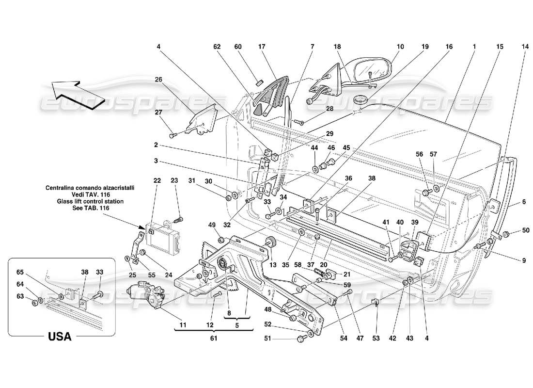 ferrari 456 gt/gta portes - schéma des pièces des vitres électriques et des rétroviseurs