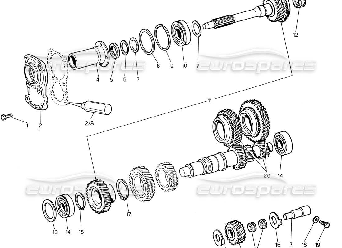 maserati 222 / 222e biturbo transmission – arbre intermédiaire et entraînement direct schéma des pièces