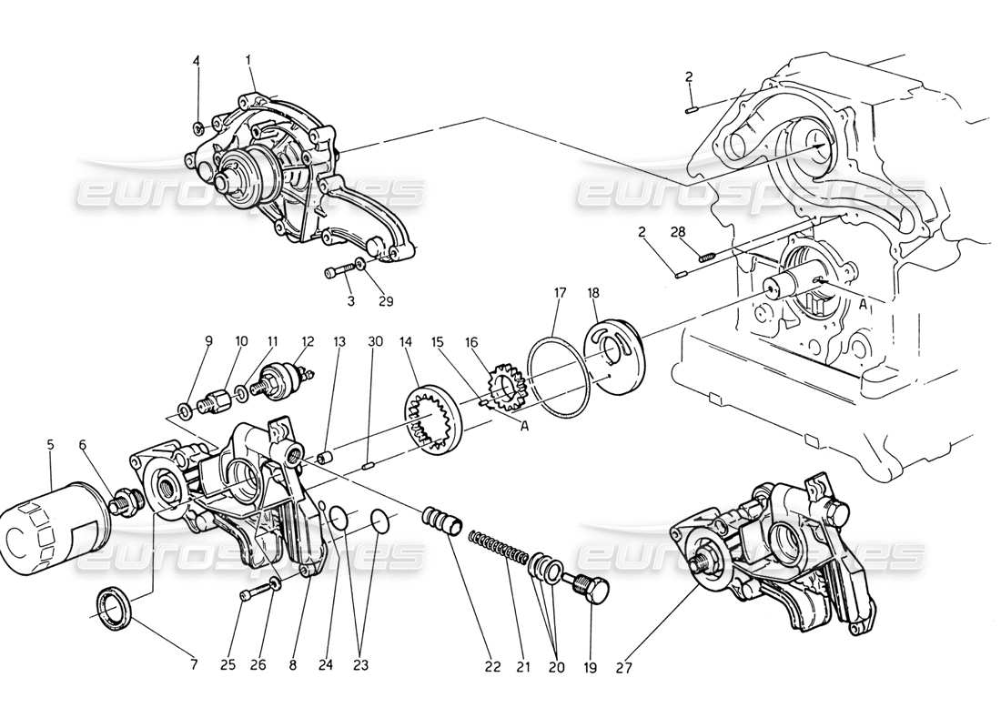 maserati 222 / 222e biturbo pompe à eau - pompe à huile schéma des pièces